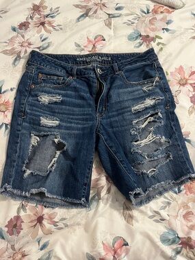 American Eagle Outfitters Dark Blue Distressed Denim Bermuda Shorts